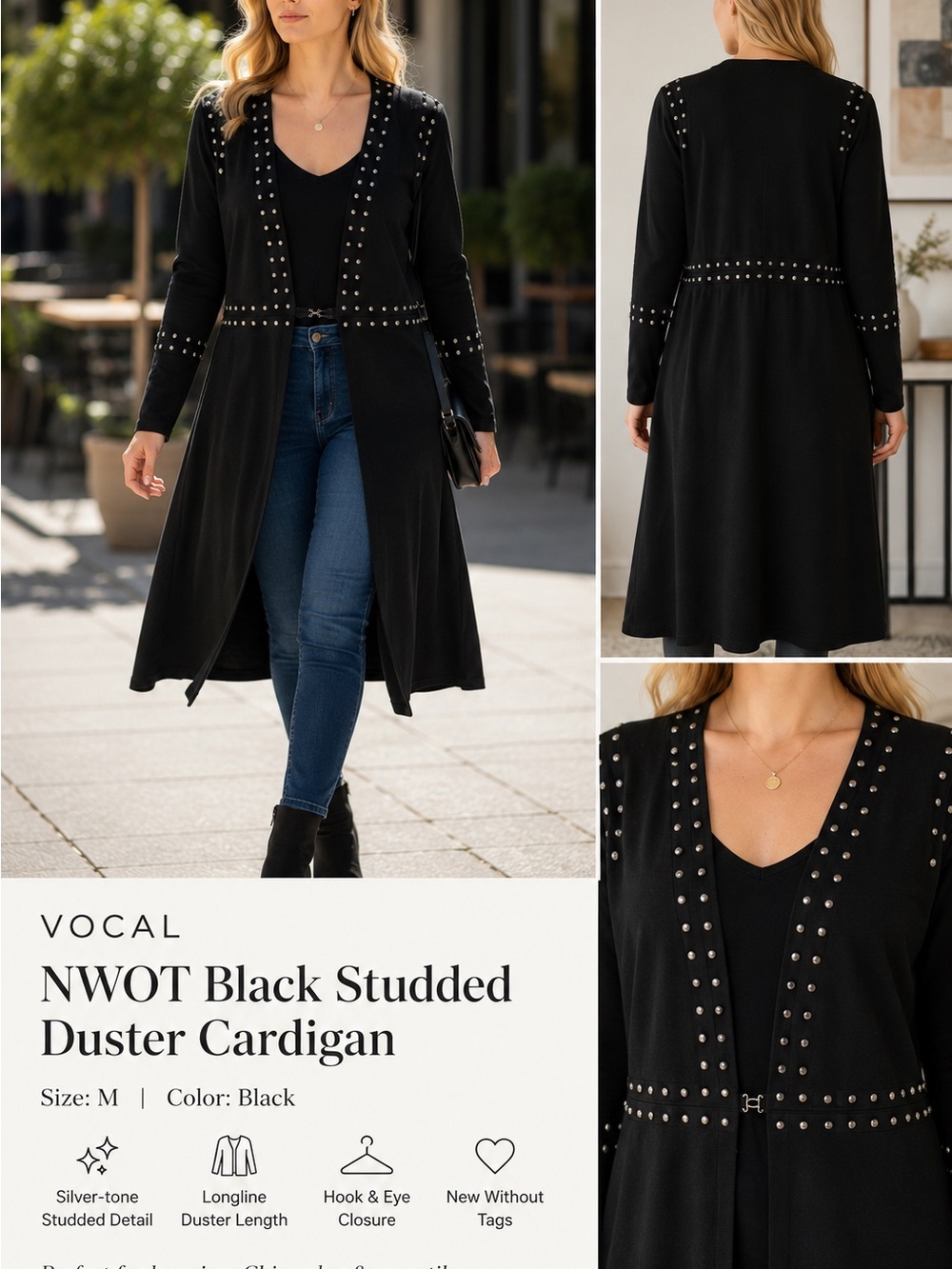 Vocal NWOT Black Studded Duster Cardigan Longline Open Front Jacket M